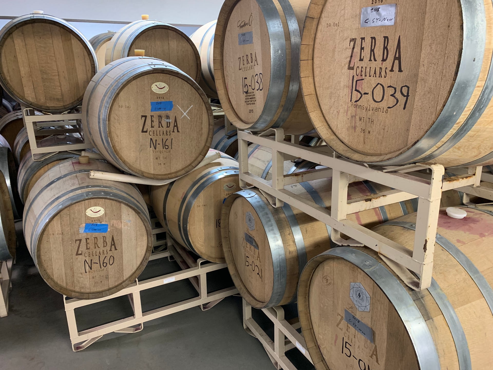Wine barrels in a a row at Zerba Wine Cellars in Walla Walla Valley Milton-Freewater, Oregon